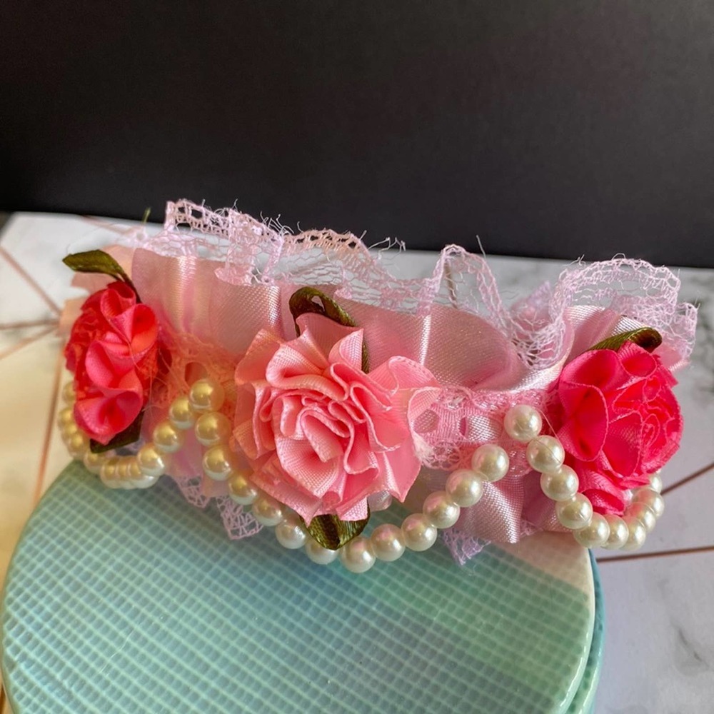 Pink Roses & Pearls Dog Collar with rhinestone buckle